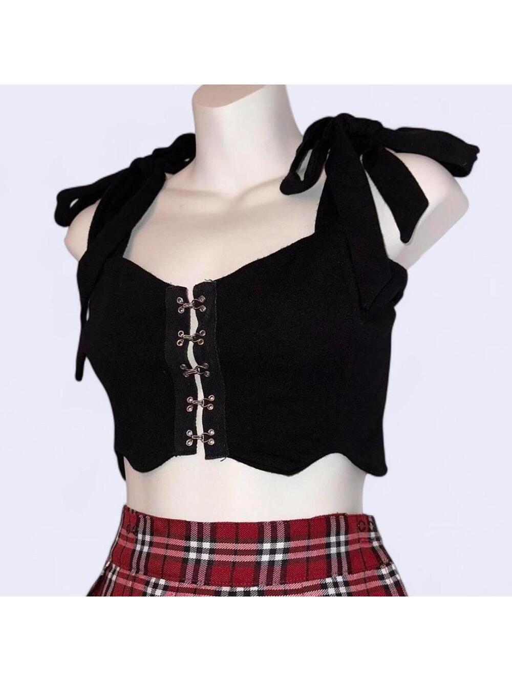 black corset crop top with adjustable bow straps